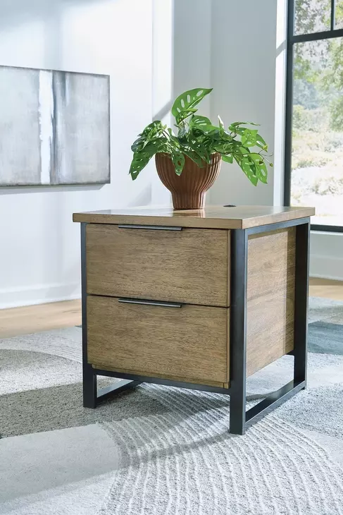 Montia Light Brown and Gunmetal Gray Rectangular End Table with USB Charging