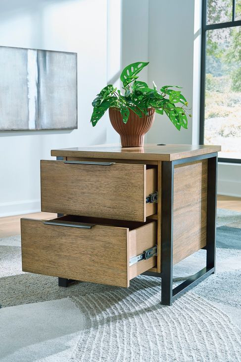 Montia Light Brown and Gunmetal Gray Rectangular End Table with USB Charging