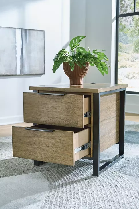 Montia Light Brown and Gunmetal Gray Rectangular End Table with USB Charging