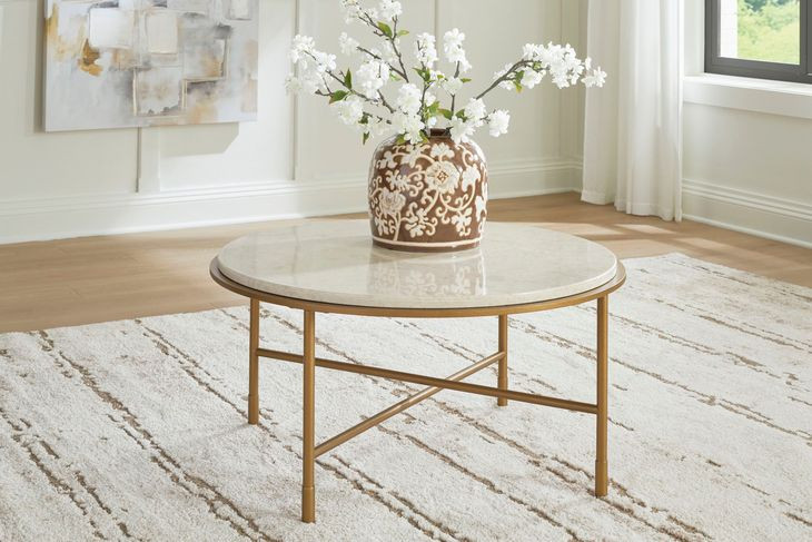 Alben Antique Gold and White Marble Top Round Cocktail Table