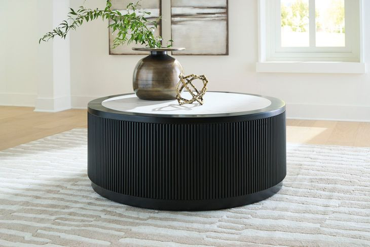 Grayman Matte Black and White Round Marble Top Cocktail Table