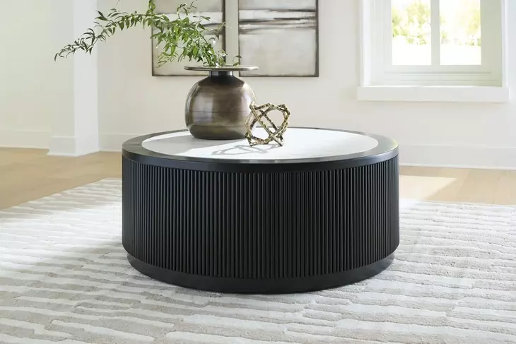 Grayman Matte Black and White Round Marble Top Cocktail Table