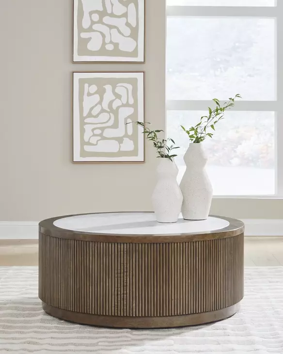 Hadonna Light Brown and White Round Marble Top Cocktail Table