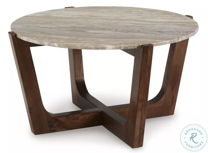 Tanidore Natural Marble And Warm Brown Round Cocktail Table