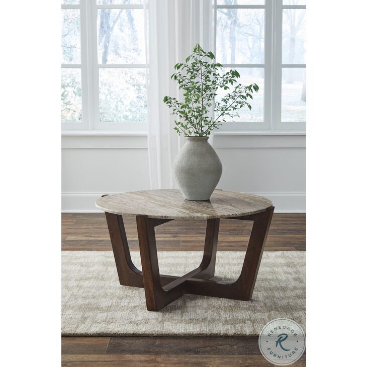 Tanidore Natural Marble And Warm Brown Round Cocktail Table From Ashley ...