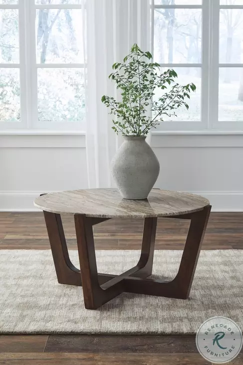 Tanidore Natural Marble And Warm Brown Round Occasional Table Set