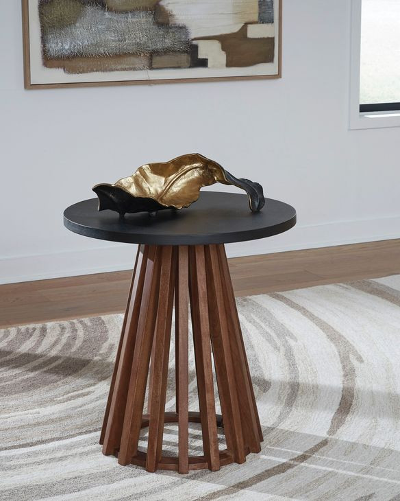 Kallari Warm Brown and Black Round End Table