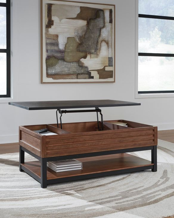 Kallari Warm Brown and Black Rectangular Lift Top Cocktail Table