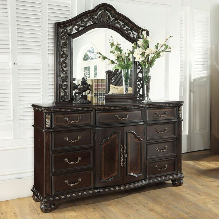 Monte Carlo Brown 9 Drawer Dresser and Arch Mirror