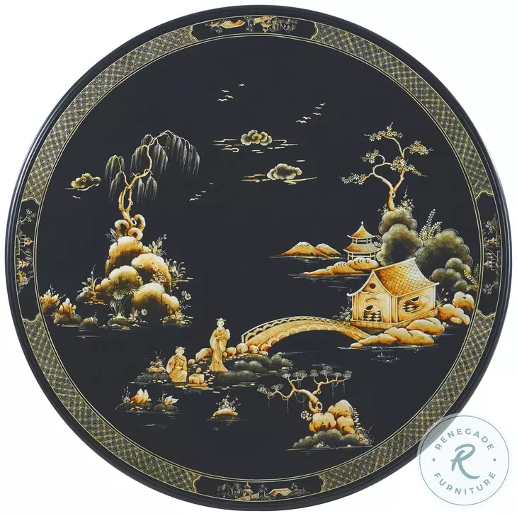 Spencer London Black And Italian Silver Chinoiserie 42" Round Center Table
