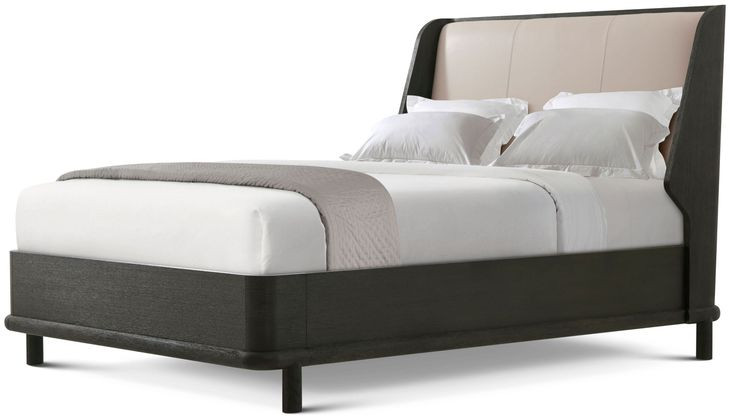 Repose Charcoal Oak and Beige Leather Queen Upholstered Panel Bed
