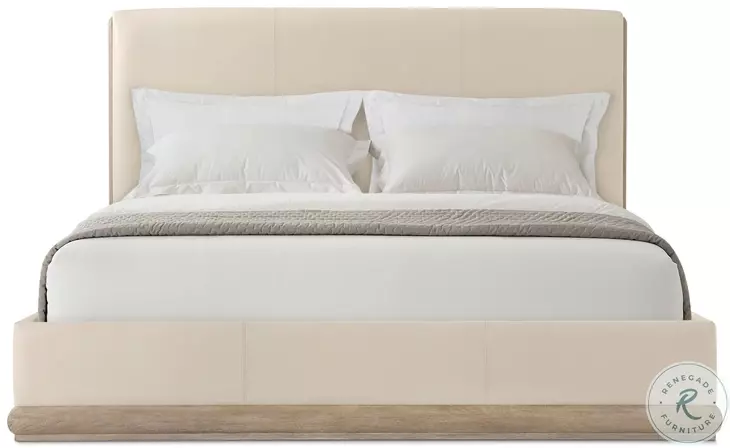 Repose Grey Oak Upholstered King Low Profile Panel Bed with Trim