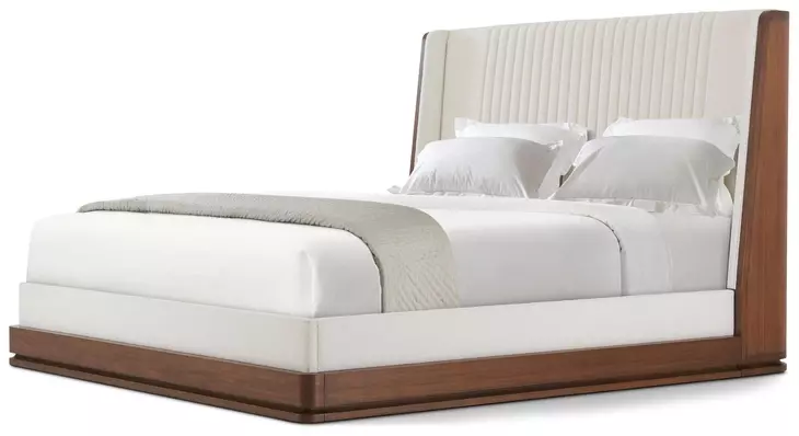 Spencer Coronet Cream and Auburn Upholstered Walnut Channel King Panel Bed