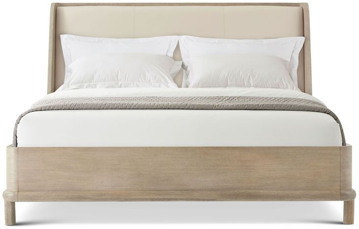 Repose Gray Oak and Beige Leather California King Upholstered Panel Bed