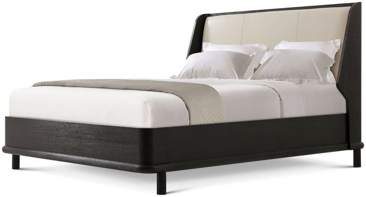 Repose Charcoal Oak and Beige Leather California King Upholstered Panel Bed