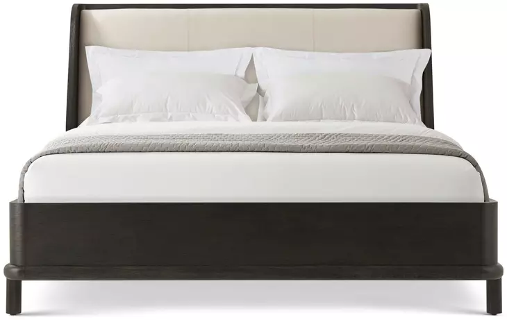 Repose Charcoal Oak and Beige Leather California King Upholstered Panel Bed
