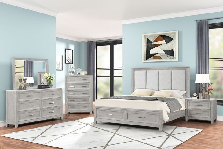 Fiona Mist Gray Upholstered Storage Panel Bedroom Set