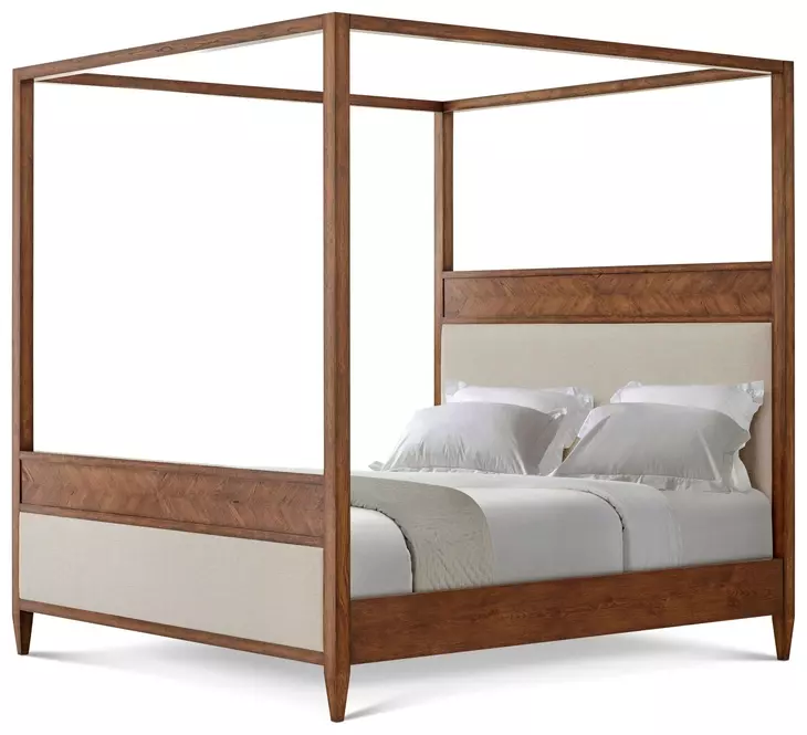 Nova Beige and Dusk Performance Fabric Upholstered King Canopy Bed