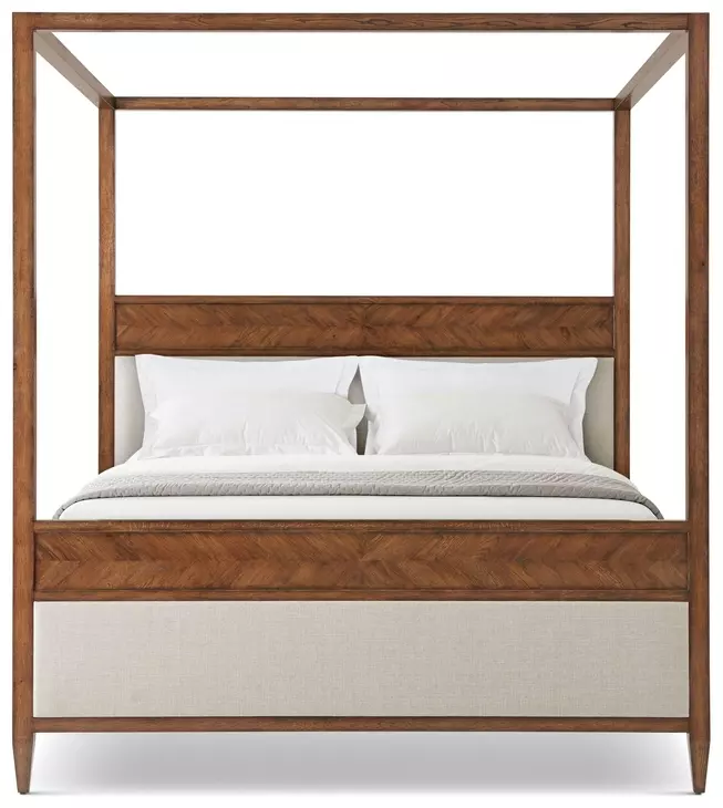 Nova Beige and Dusk Performance Fabric Upholstered King Canopy Bed