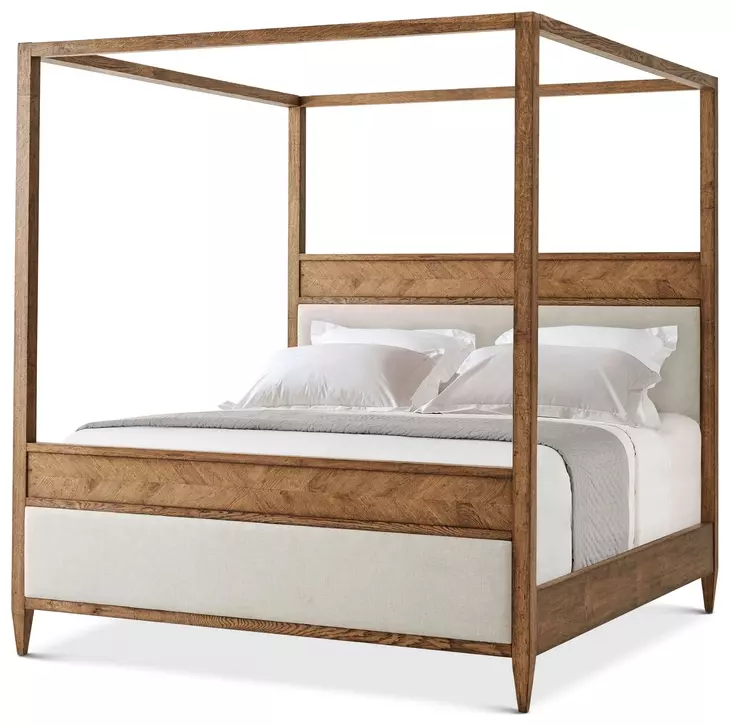 Nova Beige and Dawn Performance Fabric Upholstered California King Canopy Bed