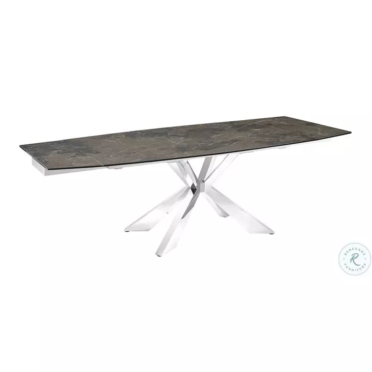 Icon Dark Brown Marbled Porcelain Top And High Polished Stainless Steel Extendable Dining Table