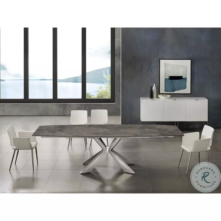 Icon Dark Brown Marbled Porcelain Top And High Polished Stainless Steel Extendable Dining Table