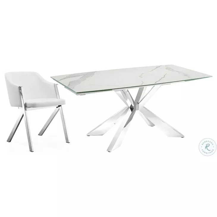 Icon White Marbled And High Polished Stainless Steel Extendable Dining Table