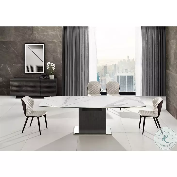 Olivia White Marbled on Glass And Dark Grey Oak Extendable Dining Table
