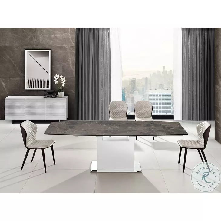 Olivia Dark Brown Marbled Porcelain Top And White Extendable Dining Table