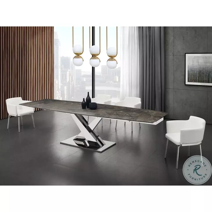 X Base Brown And High Polished Stainless Steel Extendable Dining Table