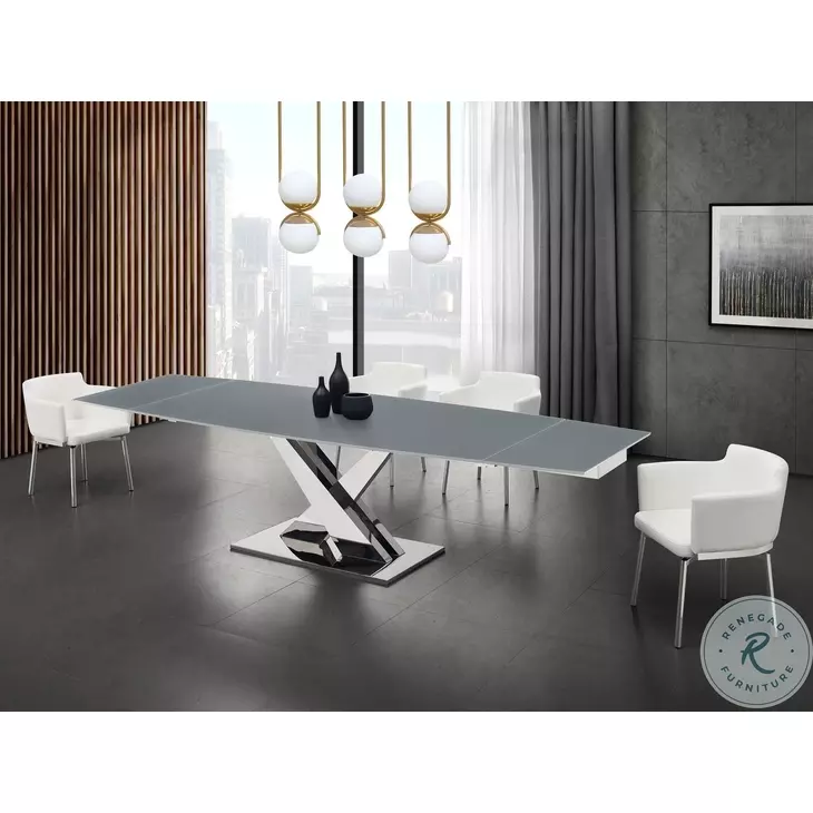 X Base Grey And High Polished Stainless Steel Extendable Dining Table
