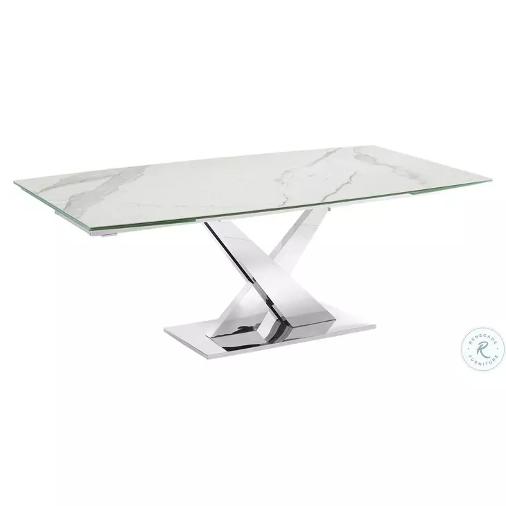 X Base White Marbled And High Polished Stainless Steel Extendable Dining Table