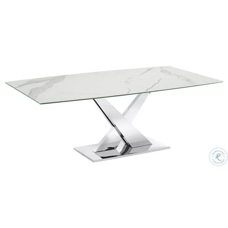 X Base White Marbled And High Polished Stainless Steel Dining Table