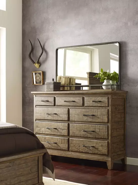 Heritage Timber Sandstone 9 Drawer Westwood Bureau with Rectangular Mirror