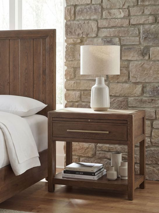 Harbor Drift Worn Saddle and Beige 1 Drawer Stone Top Open Nightstand
