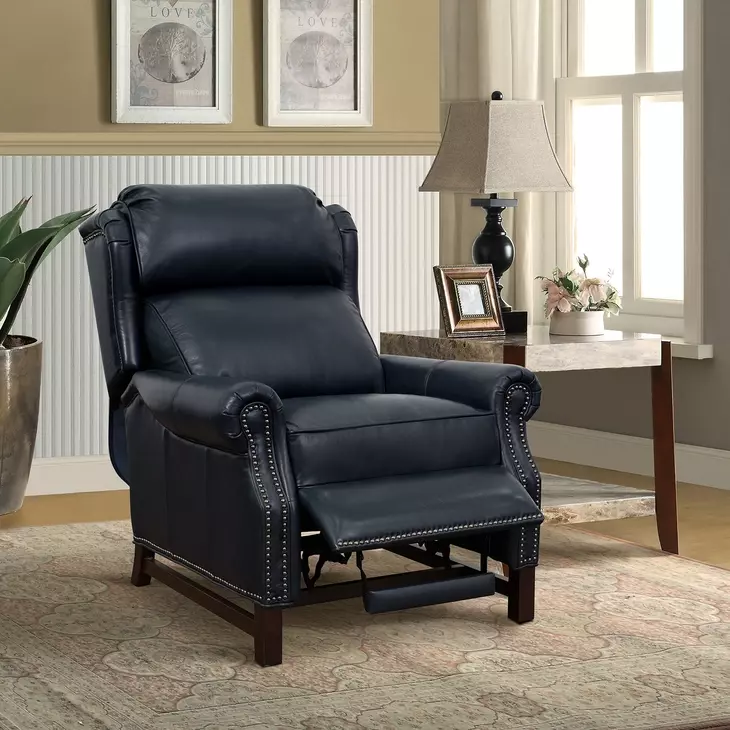 Thornfield Shoreham Blue Leather Push Thru The Arms Recliner with Nailhead Trim