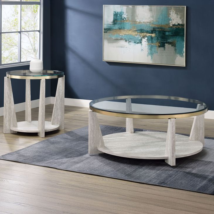 Wanda Beige Round Glass Top Ocassional Table with Casters
