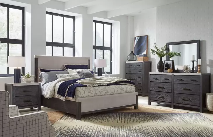 Plum Creek Ravenwood Black and Elite Dove Queen Upholstered Panel Bed