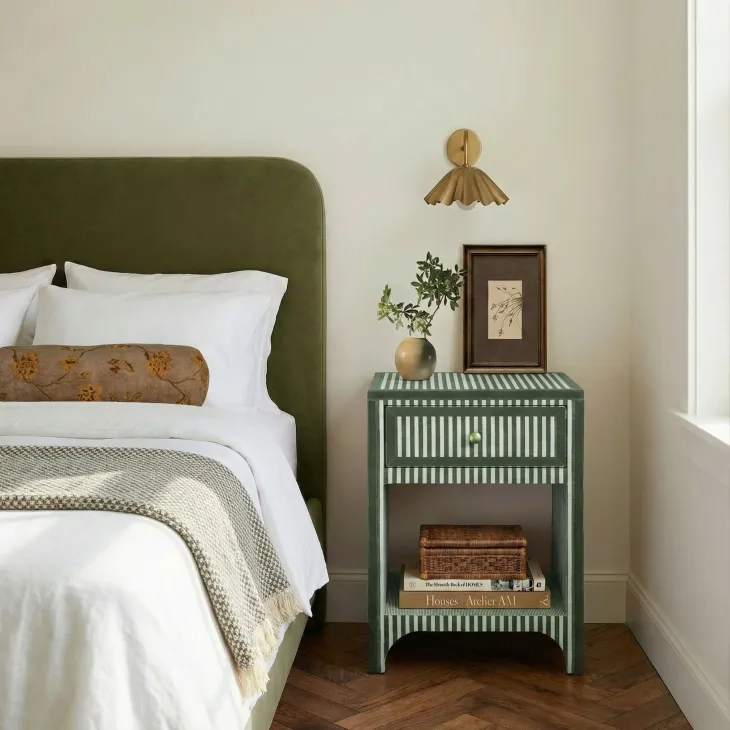 Kora Green Stripes 1 Drawer Open Nightstand