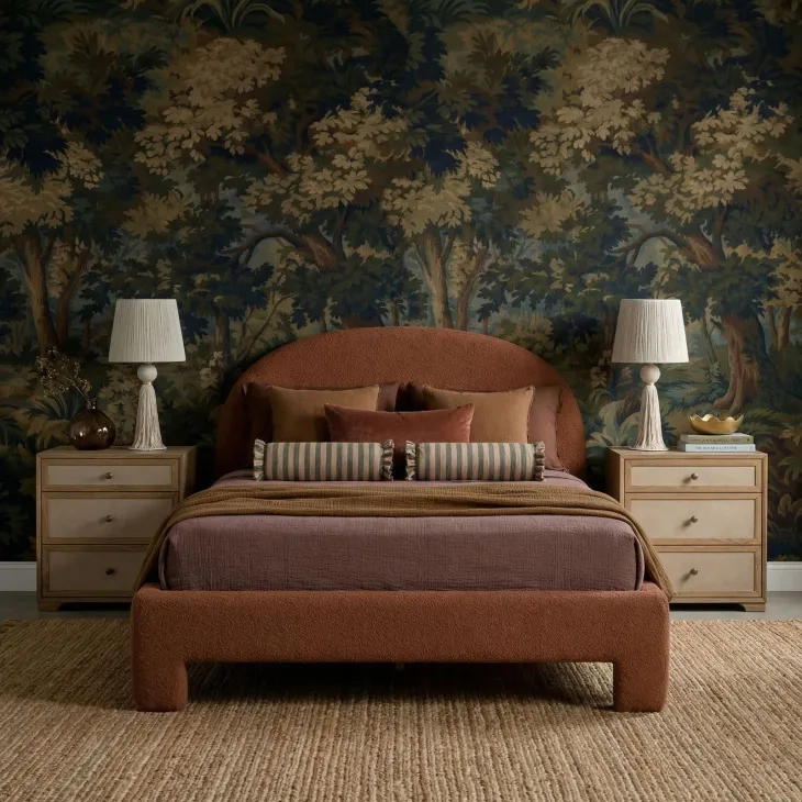 Orphea Autumn Red Performance Fabric Queen Upholstered Panel Bed