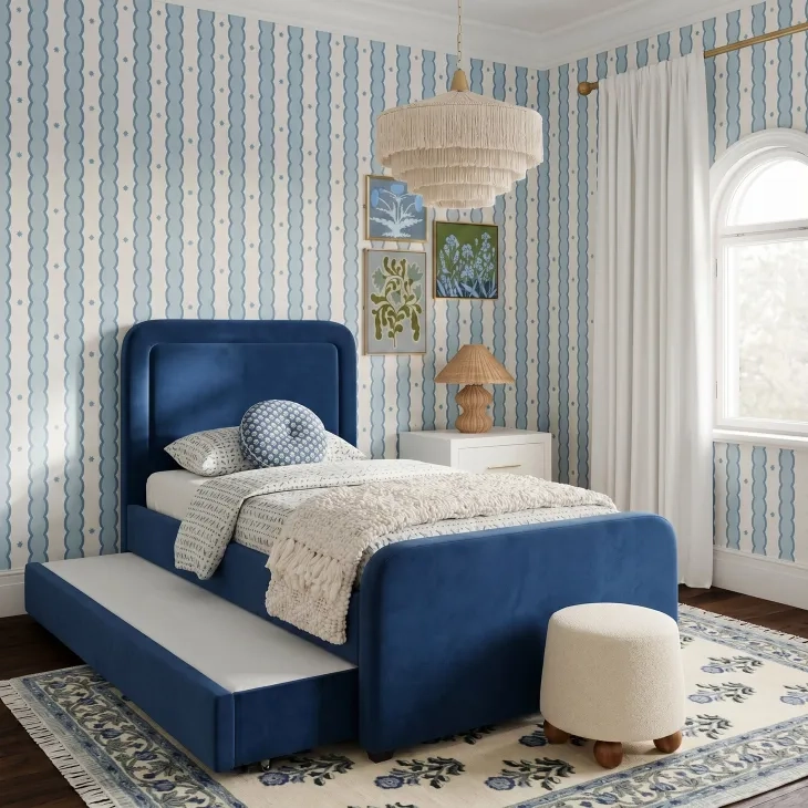 Briella Navy Blue Performance Velvet Upholstered Panel Storage Trundle Bedroom Set
