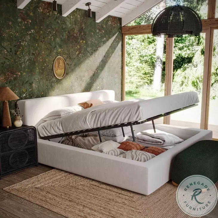 Meena Cream Upcycled Linen King Upholstered Storage Bed