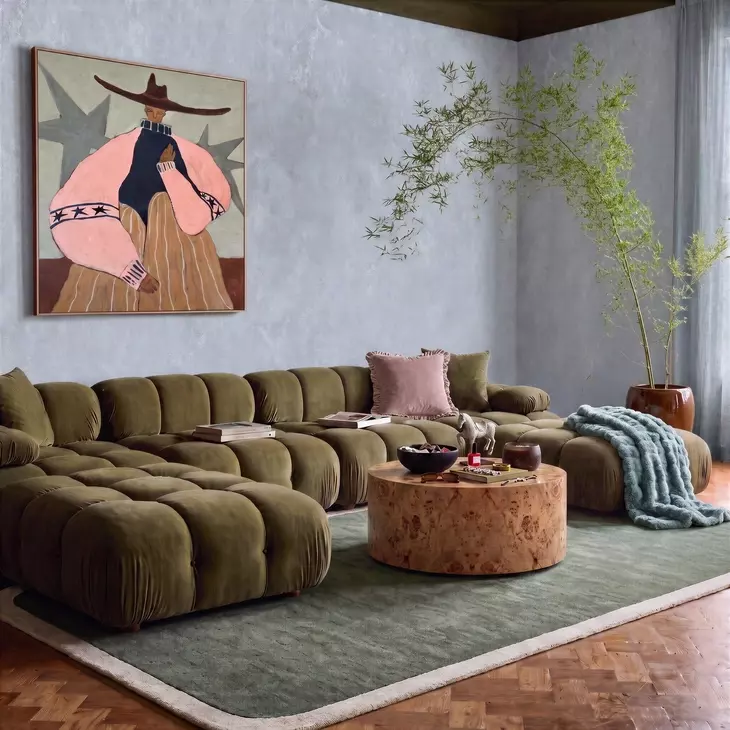 Calliope Olive Green Performance Velvet 6 Piece Modular U Sectional with Pillow