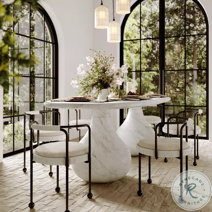 Smooch White Faux Marble Print Outdoor Oval Dining Room Set
