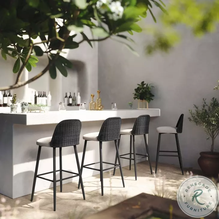 Alexa Black Rattan Performance Fabric Outdoor Barstool