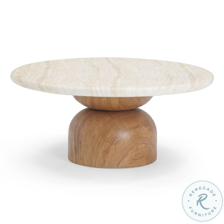 Cynthia Brown and Travertine Round Concrete Stone Top Outdoor Coffee Table