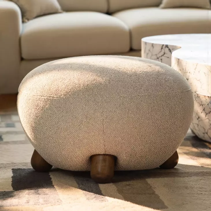 Pucker Warm Gray Performance Fabric Upholstered Round Ottoman