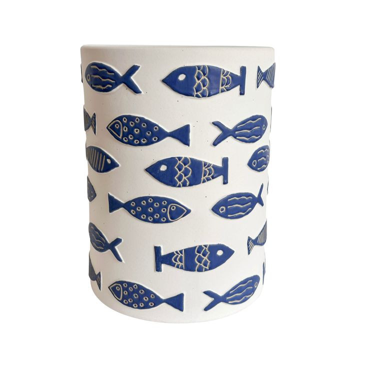 Tempest Blue Fish and White Round Outdoor Side Table