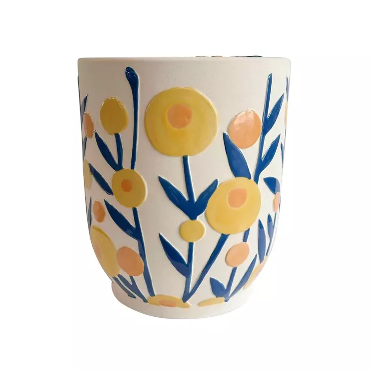 Ceramic White and Yellow Round Outdoor Side Table