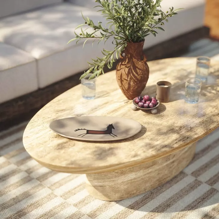 Sonia Travertine Oval Outdoor Concrete Top Coffee Table